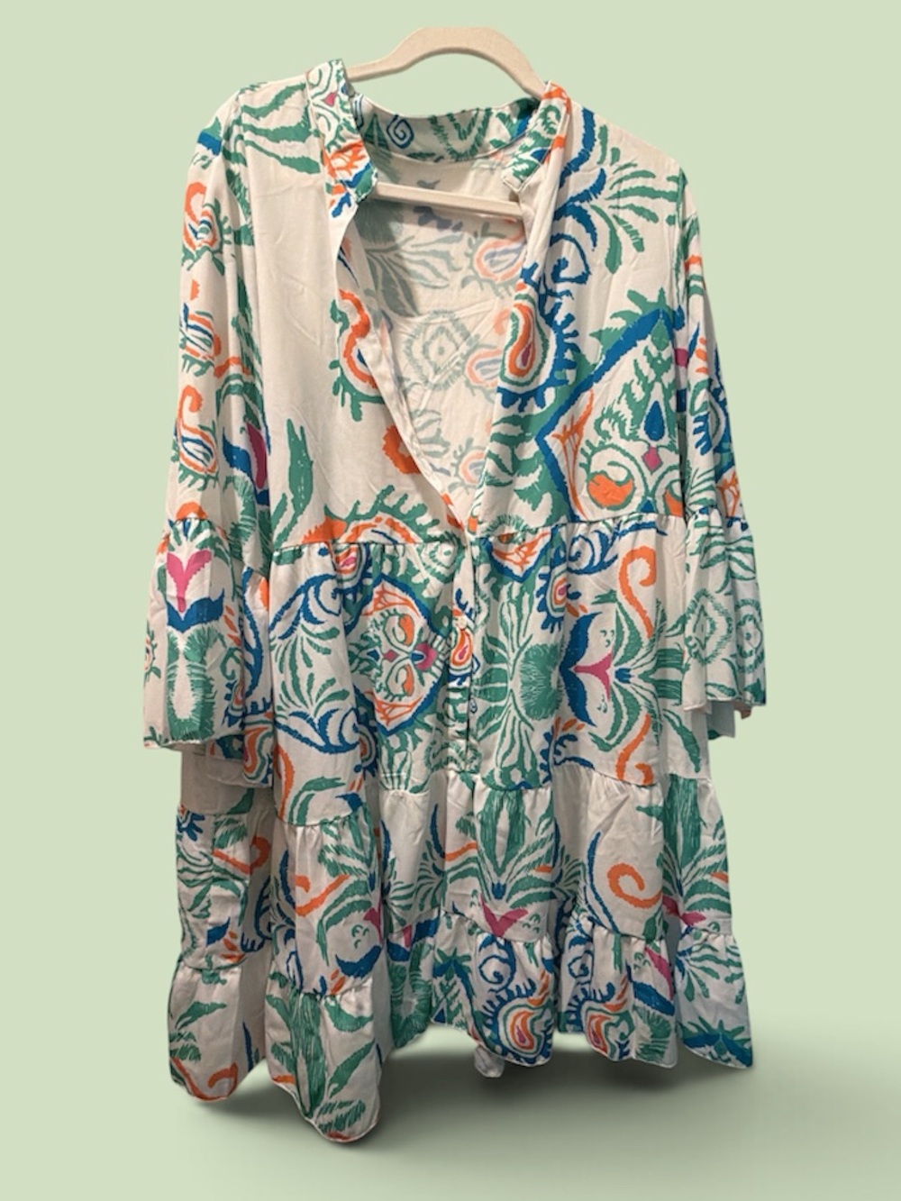Bohemian Floral Tiered Mini Dress - White with Green, Blue & Orange Print